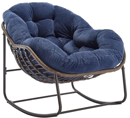 HaoChrymec Sillón Mecedora de Exterior con Rattan Sintético, Asiento Acolchado y Respaldo Ergonómico, Silla Balancín Jardín, para Patio Porche Salón, Azul Marino