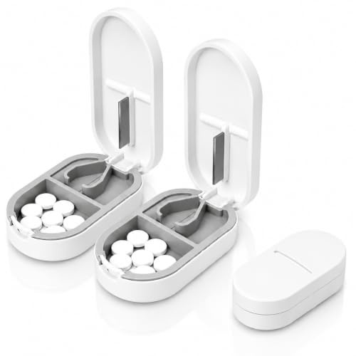 Divisor de Pastillas 2-en-1, Cortador de Tabletas con Compartimento de Almacenamiento y Hoja de Acero Inoxidable, Divisor de Pastillas para Tabletas Grandes y Pequeñas, Pill Cutter, Pill Splitter, Bla