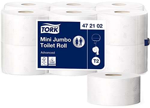 Tork 472102 Mini Jumbo Toilettenpapier in Advanced Qualität für das Tork T2 Mini Jumbo Toilettenpapiersystem / Toilettenpapier 2-lagig in Weiß, 12 x900Blatt