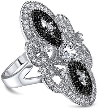 Bling Jewelry Art-Déco-Stil Schwarz Weiß CZ Filigran Breiter Mode-Statement Panzer Full-Finger-Ring für Frauen Silberplattiertes Messing