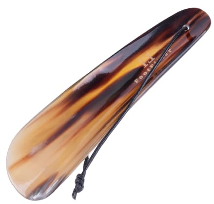 FootFitter Natural Bull Horn Shoe Horn with Leather Loop, Smooth Polished Shoe Assist Tool for Easy Slip-On Low Collar Shoes (6.4”)