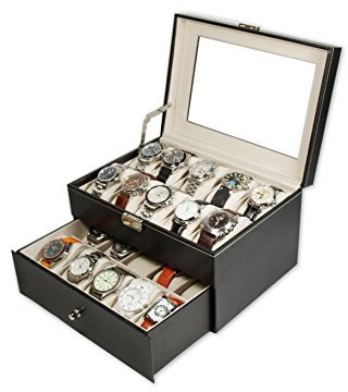 MR Maestro Relojero - Vitrina para Guardar 20 Relojes | Piel sintética e Interior Aterciopelado Beige | Ideal para Organización de Relojes, Muy Práctico, Estupendo para Regalo