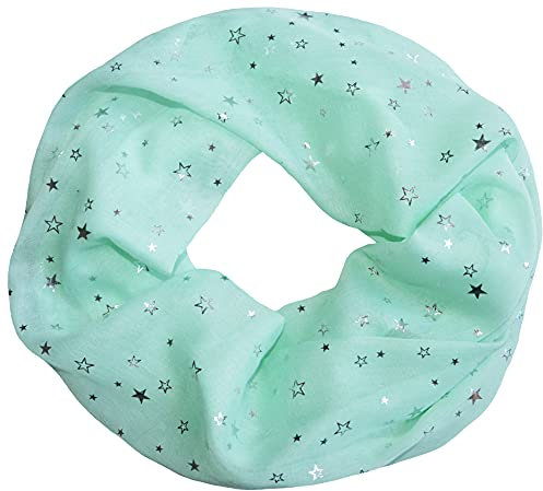 thb Richter Damen Loopschal Schlauchschal mit Sternchen Sterne Muster Stars Metallic-Silber-Aufdruck glänzend Schal Rundschal Leicht Weich Soft Sommer Star (Mintgrün)