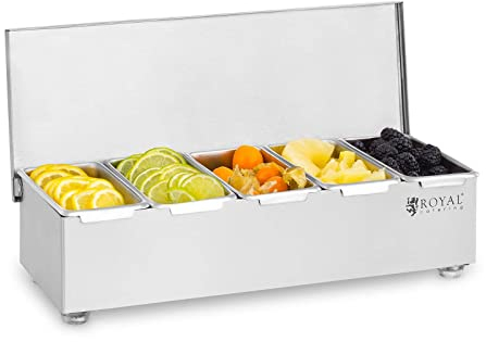 Royal Catering Contenitore Portacondimenti RCCBS 5 (Acciaio inox, 5 contenitori, Capacità di ciascun contenitore: 450 ml, Copertura in acciaio inox, 38 x 15 x 9 cm)