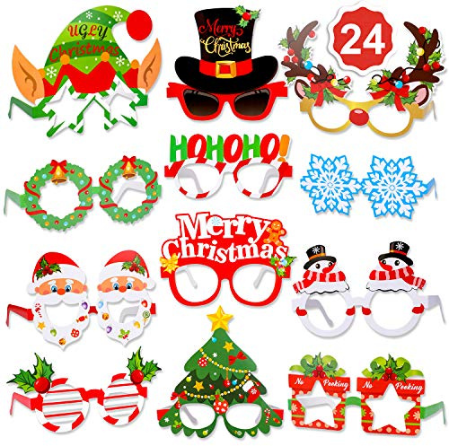 Qpout 24 stycken julglasögon fotorekvisita, jul glasögonram foto rekvisita julglasögon, julglasögon för vuxna barn, snögubbe jultomte julgran