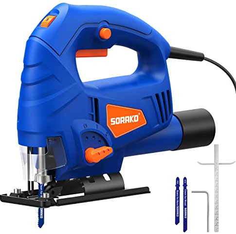 SORAKO 600W Corded Jigsaw for Wood & Metal | 800-3000SPM Electric Jigsaw with 6 Speeds + 3 Orbital Settings | 45° Bevel Cutting, 60mm Wood Cutting Depth