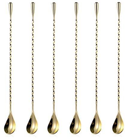 6 Pcs 12 Inch Bar Mixing Spoon Cocktail Spoon Stainless Steel Bar Long Spoon With Spiral Pattern Gold