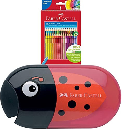 Faber-Castell 112442 - Buntstift Colour Grip, 36er Kartonetui + 183526 - Doppelspitzdose Käfer Inklusiv Radierer