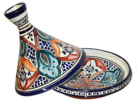 Moroccan Handmade Serving Tagine Ceramic With Vivid colors Original 8 inches Across White & Blue