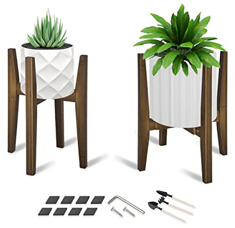 OERGKE Paquete de 2 soportes ajustables para plantas de interior, soportes de bambú modernos de mediados de siglo, soporte de flores de esquina para sala de estar, se adapta a macetas de 8 a 12