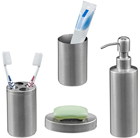 Relaxdays Accessoires de Salle de Bain, 4 pièces, en INOX brossé et Plastique, Design Moderne et harmonieux, argenté