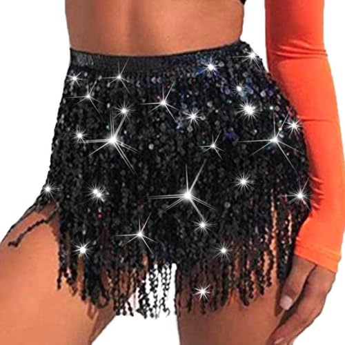 Ushiny Jupe de Rave à Paillettes pour Danse du Ventre, Hanche, écharpe, Franges, Jupe Costume Rave pour Femmes et Filles