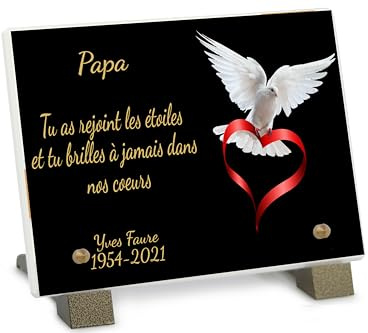 PHENIX | Plaque Funéraire Cœur Colombe, Plaque Funéraire Colombe Personnalisable en Pierre (22,5x15 cm) - Texte 100% Personnalisable - Résistante aux UV - Colombe et Coeur Ruban Rouge