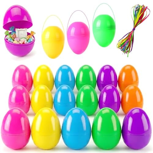 ROSAUI 36 Pack Large Fillable Easter Eggs (3.5), Flat Bottom Plastic Eggs with Ribbons – Reusable Hanging Decor for Egg Hunts, Baskets & Holiday Displays