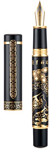 Hongdian 8037 Chinesischer klassischer Füllfederhalter, Iridum feine Goldfeder mit chinesischem Hirsch-Totem-Design, glattes Schreiben Stift mit Tintenkonverter und Stiftebox aus Metall