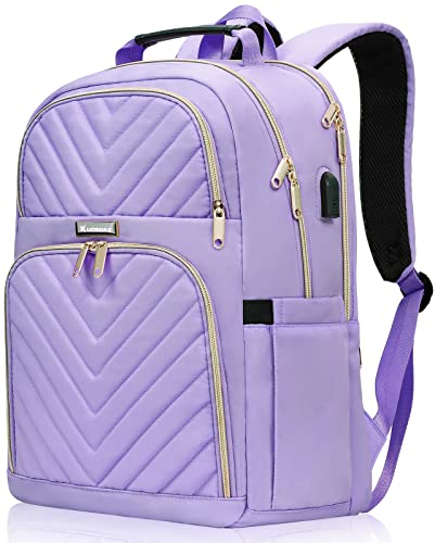 Zaino da donna, 15,6 pollici, zaino per la scuola, per ragazze, adolescenti, con porta di ricarica USB, zaino per computer portatile, elegante, impermeabile, per scuola, università, viaggi, viola