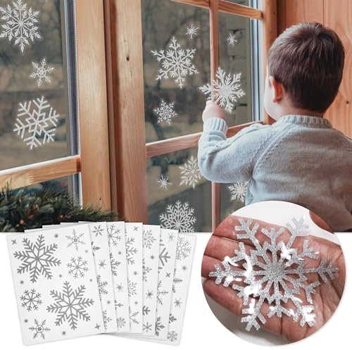 Christmas Snowflake Window Stickers Over 300pcs Silver Glitter Design - Removable and Reusable Christmas Window Clings Decoration - Ideal for Xmas Display and Decor