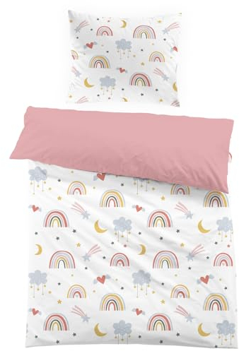Yasida Funda nórdica 135x200 para niños, niña, rosa, arcoíris, con funda de almohada 80x80 cm, juego de cama individual en microfibra multicolor 3D con estampado de estrellas y luna, regalo para niño