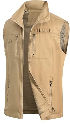 MeiLayM Herren Outdoor Weste Leicht Anglerweste mit Mehreren Taschen Baumwolle Stehkragen Vintage-Weste Ärmellos Jacke Sport Weste Jagd Fotografie Wandern Camping Weste Khaki,3XL