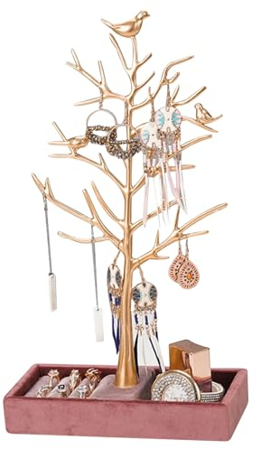 DKEROSS Porte Bijoux Presentoir Arbres, Range Bijoux Femme Arbre, Présentoir à Boucle d'Oreilles avec Plateau, Présentoir Bijoux Arbre pour Boucles d'Oreilles, Colliers, Bracelets, Bagues (Or)