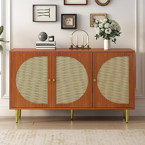 Moimhear Sideboard mit 3 Rattan verzierten Türen Kommode Highboard mit Metallgriffe, für Schlafzimmer & Wohnräume & Büro, Nussbaum 129.8X 40x 76cm