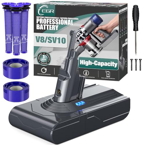 EGR Large Capacity V8 Battery Replacement Compatible with Dyson V8 Animal Battery SV10 / Absolute/Fluffy/Motorhead Vacuum Cleaner Battery for V8 with 3 Pre-Filters and 2 Post-Filters