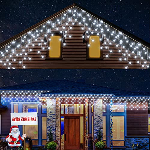 cshare Icicle Lights Outdoor, 20M 480LEDs Icicle Christmas Lights Mains Powered with Timer & Waterproof &Memory Hanging Fairy Light for Outside House Gutter Roof Wall Xmas Decorations-Cool White