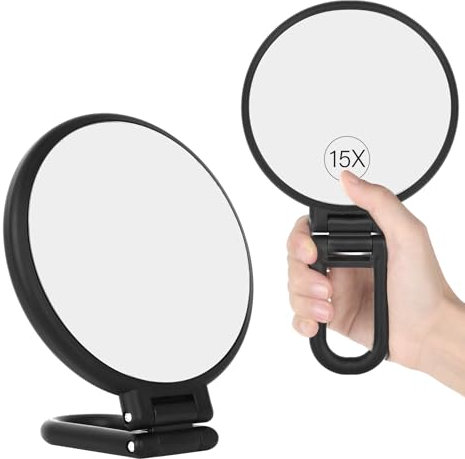 GROFIS Doppelseitiger Vergrößerungsspiegel 15X/1X, Handspiegel mit Griff Faltbarer, Kosmetikspiegel Runde, Rasierspiegel Schminkspiegel für Präzisions Makeup, Tragbarer Reisespiegel