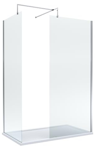 Balterley Wetroom Screen Set with Support Bar & Tray, 2X Shower Glass, Support Bar Kit, White Rectangular Shower Tray, Toughened Safety Glass Screens with Arm Bracket for Bathroom Enclosure (Chrome)