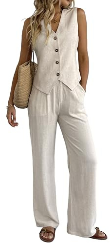 Women's 2 Piece Outfits Linen Vest Waistcoat Dressy Casual Sets Wide Leg Pants Suits