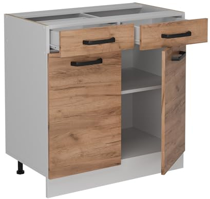 Vicco Küchenunterschrank R-Line, Goldkraft Eiche, 80 cm | 2 Schubladen · Ohne Arbeitsplatte · Höhenverstellbare Füße · 2 Türen · ✓ Leichter Zugriff