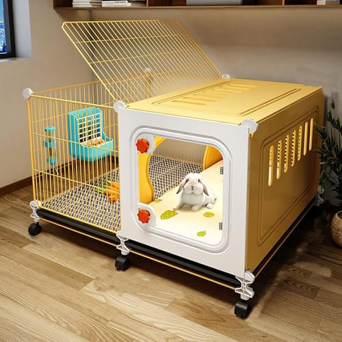 Kaninchenkäfig Indoor für 2 Kaninchen mit Sichtbares Fenster, Freilaufgehege Kaninchen mit Dach Offen, Meerschweinchen Gehege Innen mit Rädern(70 * 45 * 45cm)