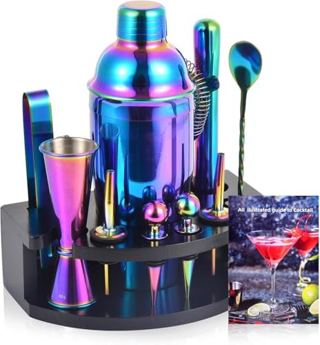 Mixology - Kit de coctelera arcoíris de 24 piezas con soporte, accesorios esenciales para el hogar, coctelera de martini, jigger, mortero, cubos de enfriamiento y más