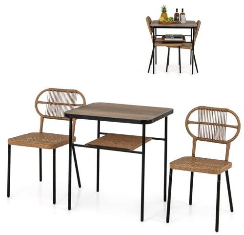 LIFEZEAL Poly Rattan Sitzgruppe, Esstisch mit 2 Stühlen für Garten, Gartentisch mit Ablage, 3-teiliges Gartenmöbel Set Bistroset für Terrasse, Patio, Pool