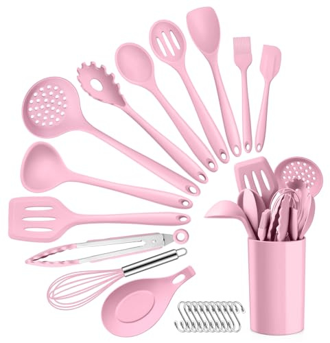 HaWare Ensemble d'ustensiles de cuisine rose 13 pièces en silicone avec support, ustensiles de cuisine avec spatule, cuillère, ustensiles de cuisine antiadhésifs et résistants à la chaleur, passe au