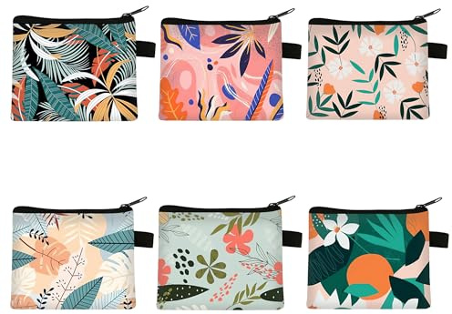 Fubuuf 6 Pezzi Mini Portamonete Donna con Cerniera, Portafoglio con Stampa Tropicale Multiuso Colorato Portamonete Piccola Borsa Portatile per Monete, Auricolari, Chiavi, Rossetto