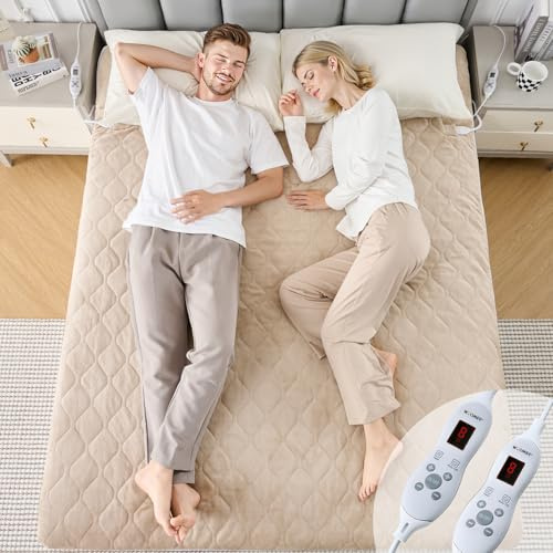 WOOMER Elektrische Wärmeunterbett mit Abschaltautomatik,200GSM/Samt Heizdecke mit 12h-Timer, 10-Stufen, Überhitzungsschutz, 5,8m Kabel, Für Matratzen bis 45cm / Waschbar/Hellbraun/135×190cm