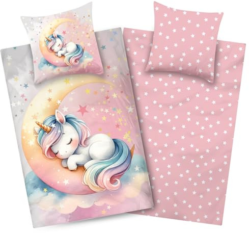 Aminata kids barnsängkläder 135 x 200 bomull flicka enhörning motiv barn vändbart sängkläder set rosa måne och stjärnor, regnbåge