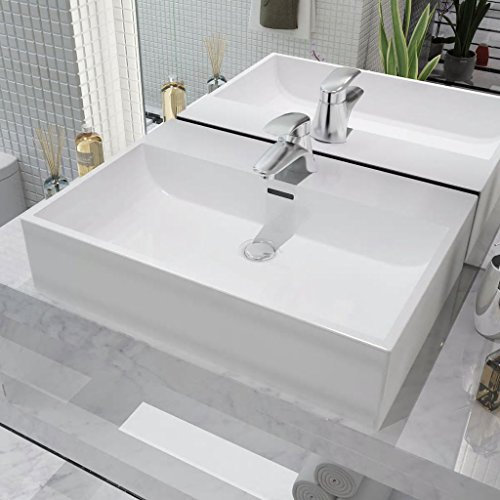 Lavabo con orificio para grifo, Snsowed Lavabo Sobre Encimera, Lavabo Baño, Muebles De Baño, Mueble Lavabo, cerámica 60,5x42,5x14,5 cm blanco