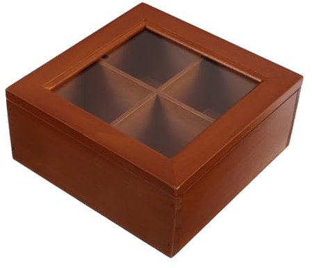BESPORTBLE Coffre À Thé Vintage Boîte En Bois Avec Plateau En Verre Et 4 Compartiments – Rangement Décoratif Pour Sachets De Thé En Vrac Et Bijoux