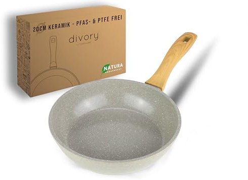 DIVORY Poêle à frire en céramique 20cm - Poêle avec revêtement céramique, compatible induction, sans PFAS & PTFE, petite poêle à frire, va au four & passe au lave-vaisselle (Natura, 20 cm)