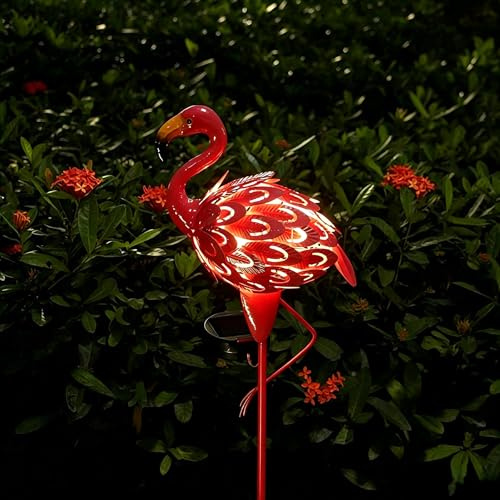 Tuzsocr Piquet de jardin solaire flamant rose avec LED, en métal, résistant aux intempéries, style 2 | Les LED s'allument automatiquement dans l'obscurité, métal inoxydable pour jardin et terrasse, idéal comme cadeau