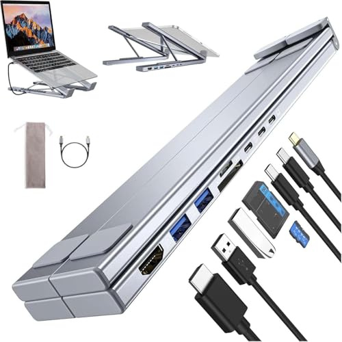 8-in-1 USB-C Laptopständer, Aluminium Laptop Ständer mit USB C 8 in1 Dockingstation, HDMI 4K@30Hz, Tragbarer Laptopständer mit 6 verstellbaren Winkeln, Faltbarer Belüftet Kühlung Notebook Ständer