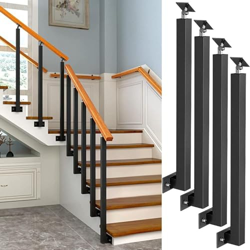 Black Metal Square Stair Balusters - Set of 3 90cm Railing Posts with 270° Adjustable Angle Brackets for Decks Steps Gardens Outdoor Railings