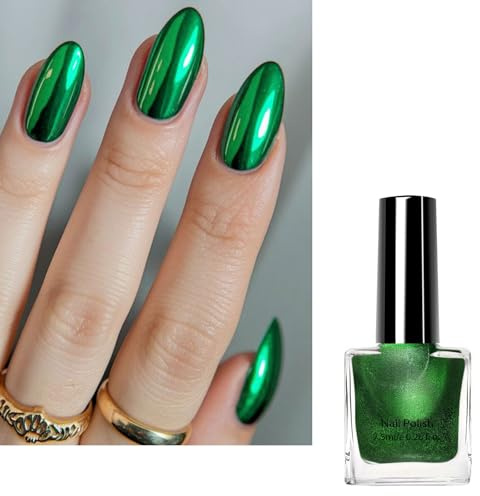 Green Metal Nail Varnish, Mermaid Shell Pearl Nails Polish Mirror Effect, Quick Dry Glitter Holographic Gel, Shimmering Metallic No UV Need, DIY Art Manicure at Home