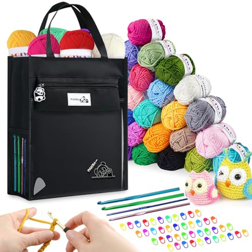 Crochet Kits for Beginners Adults Yarn 27 Colors Acrylic Wool Set with Aluminum Hooks Storage Case Stitch Markers -Black