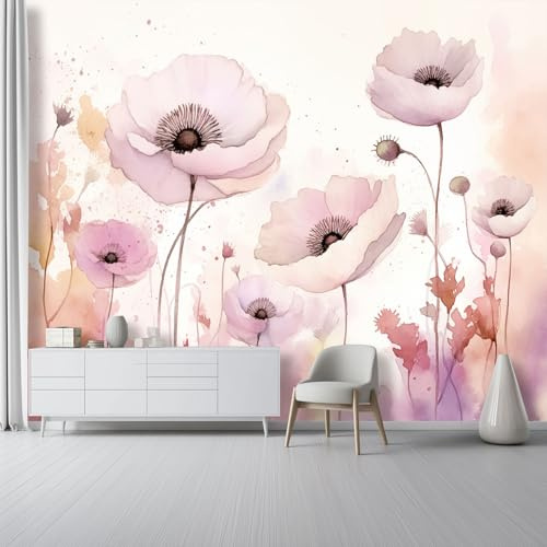 Soggiorno Carta da Parati Murale 250 x 175 cm, Acquerello Fiori Papaveri Carta da Parati per Parete TV Camera da Letto Decorare, Rosa Chiaro Decorazione Murale Fotomurale