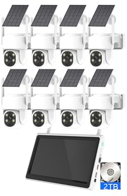 AKAVIG Kit de caméra de sécurité solaire WiFi sans fil 8 canaux avec moniteur LCD NVR, système de caméras de surveillance solaire d'extérieur 4 MP avec détection de mouvement, avec disque dur 2T