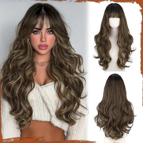 Sofeiyan Peluca Larga Ondulada,60 cm Rubio con Reflejos Castaños Pelucas Resistentes al Calor con Flequillo para Mujer,Cabello Natural Sintético,Aptas para Fiestas Diarias y Cosplay Festivo