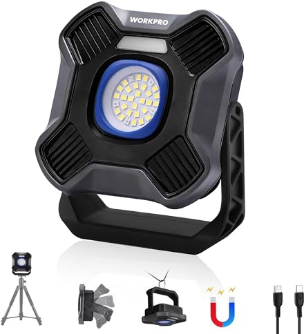 WORKPRO Akku LED Arbeitsleuchte 2000lm, 5 Lichtmodi, Magnetfuß | Wiederaufladbare Arbeitslampe mit Powerbank-Funktion, ideal für Garage, Baustelle, Camping und Notfälle